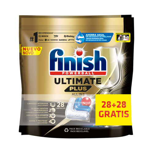FINISH Ultimate plus Detergente para lavavajillas en cápsulas, todo en uno 56 uds.