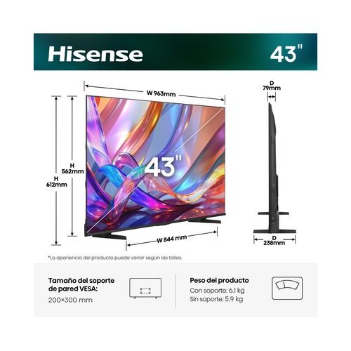 Televisión de 109cm (43") QLED HISENSE 43E7S, 4K, Ultra HD, SMART TV, Dolby vision/atmos, 60HZ