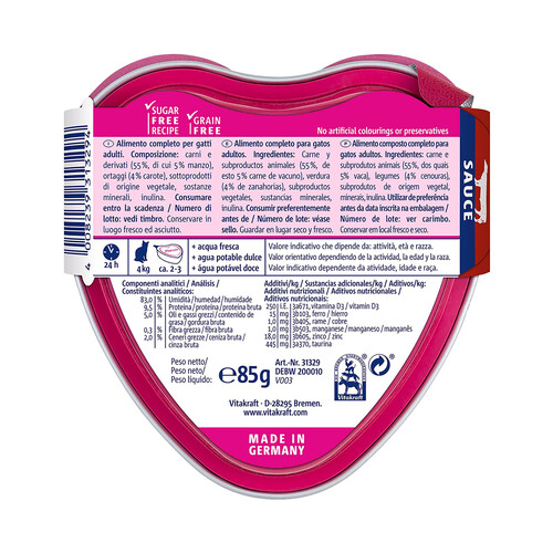 VITAKRAFT Alimento húmedo completo gatos adultos, ternera y zanahoria VITAKRAFT POESIE CREATION 85 g.