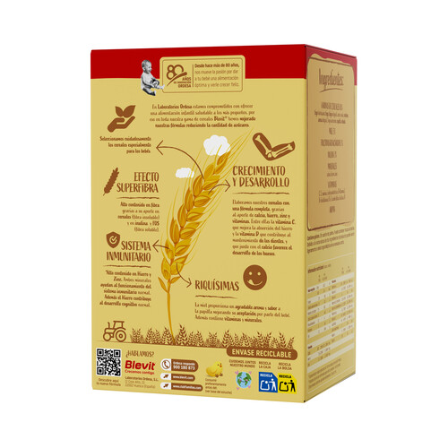 BLEVIT Superfibra Papilla de 8 cereales con miel, a partir de 5 meses 500 g.