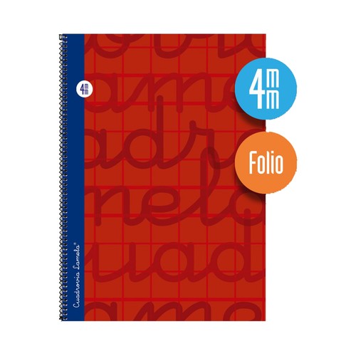 Cuaderno de espiral tamaño cuarto con 80 hojas de cuadrovía 4mm. Cubierta extra dura color rojo. EDITORIAL LAMELA.
