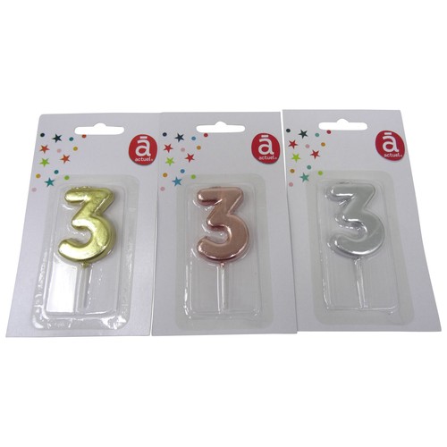 Vela del nº3, color plata, oro o rosa, 4,5 cm, ACTUEL.