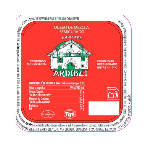 ARDIBEY Queso ahumado semicurado, cuña.