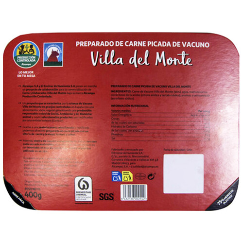 Preparado de carne picada de vacuno Villa del Monte ALCAMPO PRODUCCIÓN CONTROLADA 400 g.