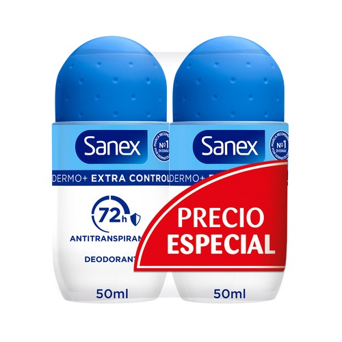 SANEX Dermo+ extra control Desodorante roll-on unisex, antitranspirante hasta 72 horas 2 x 50 ml.
