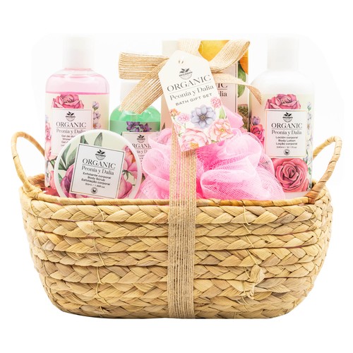 BECASAN NATURE Organic Peonía y Dalia Cesta de mimbre con productos para la higiene y el cuidado personal.