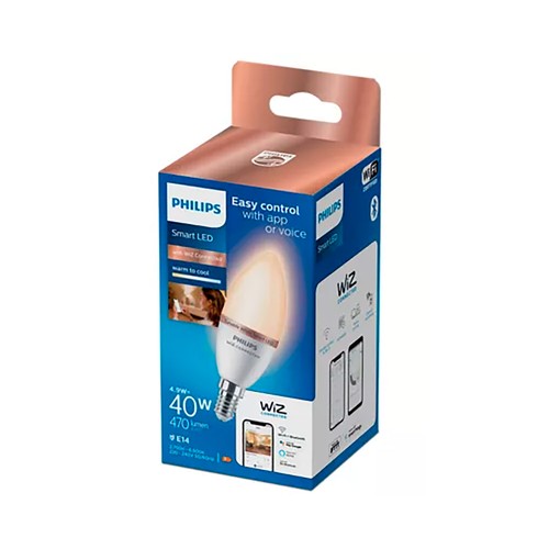 Bombilla Led inteligente E14, WiFi + Bluetooth, 4,9W=40W, blanco ajustable, PHILIPS.