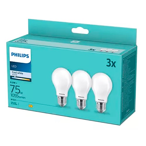 Pack LED 3und cristal, tipo estándar E27 75W luz fría . PHILLIPS