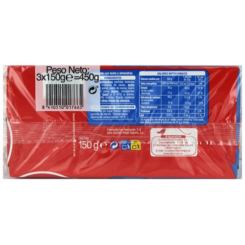 PRODUCTO ALCAMPO Tabletas de chocolate con leche y almendras troceadas 3 uds. 150 g.