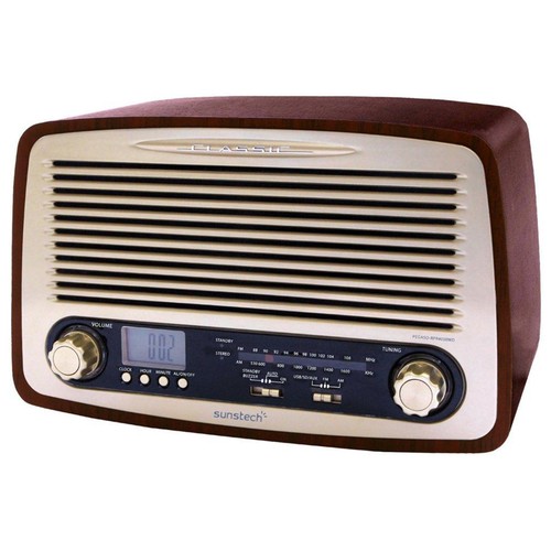 Radio de sobremesa estilo retro SUNSTECH RPR4000WD, AM / FM, reloj, alarma, USB, lector tarjetas, aux.
