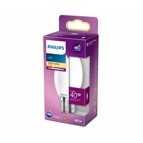Bombilla Led E14, 4,3W=40W, luz cálida 2700K, 470lm, PHILIPS.
