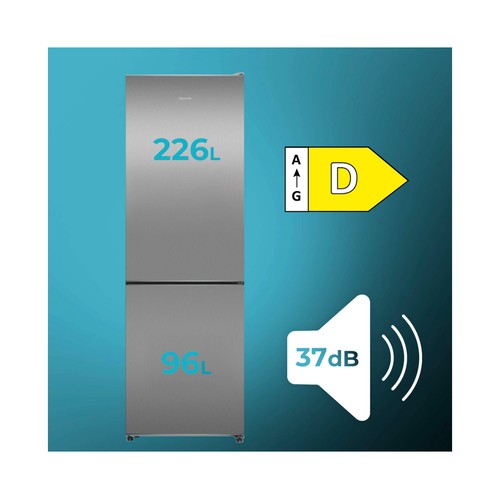 Frigorífico combi 185,5cm CECOTEC Bolero CoolMarket inox, NO FROST, clasificación energética: D, H: 185,5cm A: 59,5cm, F: 61,5cm, capacidad total: 322L.