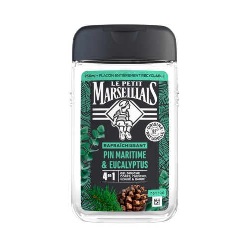 LE PETIT MARSEILIAIS Gel para baño o ducha 4 en 1 (cuerpo, cabello, cara y barba) con pino marino y eucalipto 250 ml.
