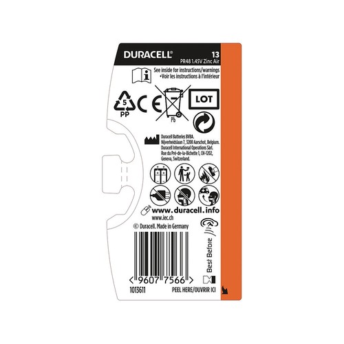 Pack de 6 pilas especiales para audífonos, tamaño 13, 1,45V, Zinc-Air., DURACELL.