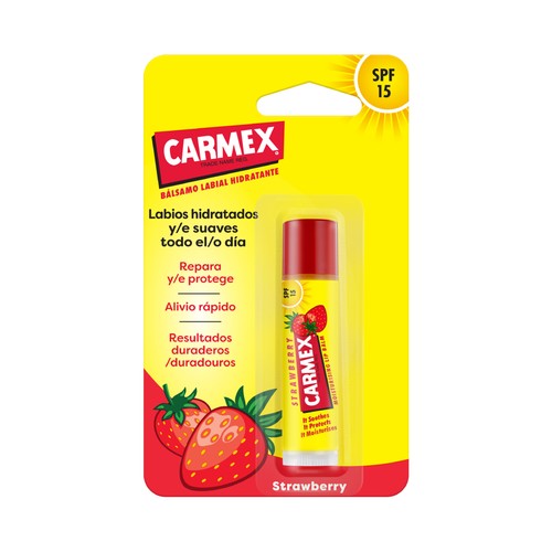 CARMEX Bálsamo labial hidratante, especial labios secos y agrietados, sabor fresa.