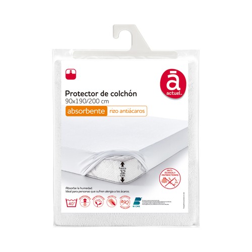Protector colchón 90x190/200cm hasta 32cm de altura, rizo, antialérgenos. ACTUEL