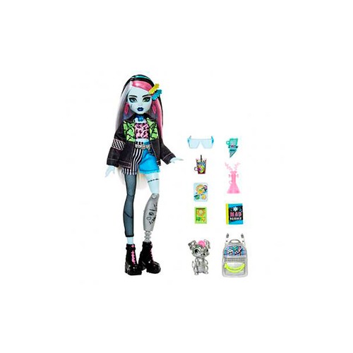 MONSTER HIGH Frankie Stein Muñeca articulada con mascota y accesorios de moda, 25cm juguete +4 años