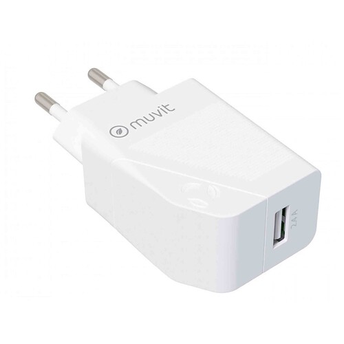 Cargador USB + cable tipo-C a Apple Lightning MUVIT, 12W, 2.4A, longitud 1,2m.