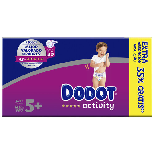 DODOT Pañal talla 5+ para bebés de 12 a 17 kilogramos DODOT Activity 96 uds.