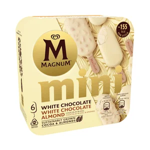 MAGNUM Mini de Frigo Mini bombón helado de vainilla recubierto de chocolate blanco o chocolate almendradro 6 x 55 ml.