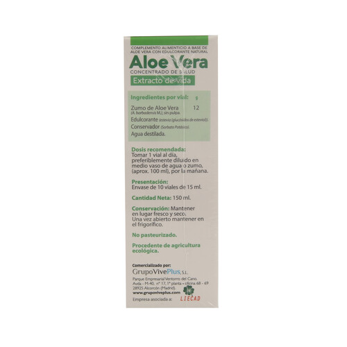 VIVE+ SALUD Y VIDA Complemento alimenticio a base de aloe vera VIVE + SALUD Y VIDA 10 uds. de 10 ml.