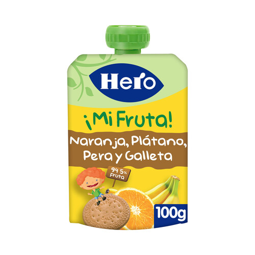 HERO ¡Mi fruta! Bolsita de fruta (naranja, plátano, pera) y galleta, sin azúcares añadidos, a partir de 12 meses 100 g.