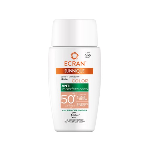ECRAN Sunnique Sérum protector diario anti-imperfecciones, con color y FPS 50+ (muy alto) 40 ml.