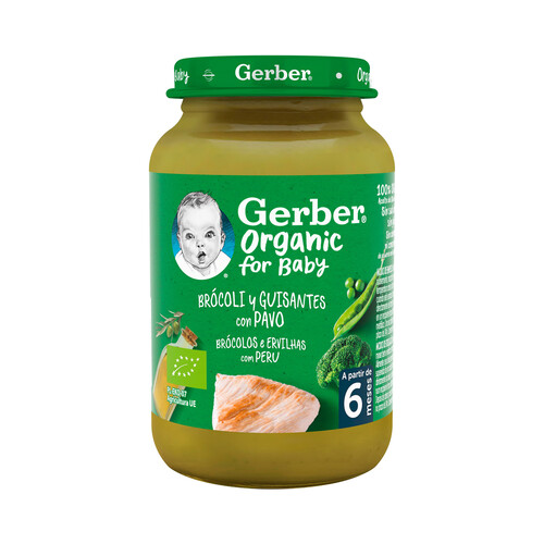 GERBER Organic Tarrito de de brocolí y guisantes con pavo, a partir de 6 meses 190 g.