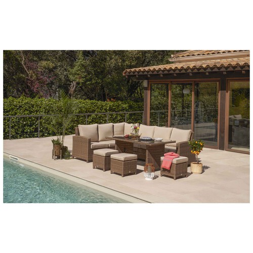 Conjunto de  muebles de jardín 9 plazas con 2 sofás, 3 taburetes y mesa de aluminio y ratán color marrón/blanco, incluye cojines, Estocolmo KACTUS.