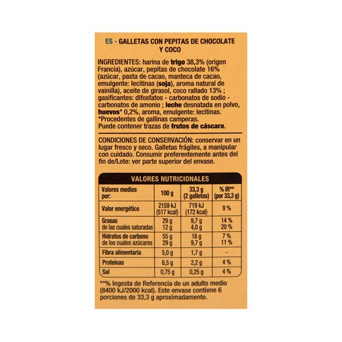 PRODUCTO ALCAMPO Les classiques Galletas cookies de coco, con pepitas de chocolate 200 g.
