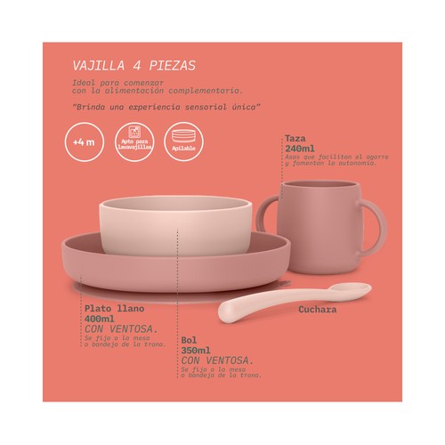 SUAVINEX Selection Vajilla infantil rosa de silicona (suave y flexible) para bebés de + 4 meses.