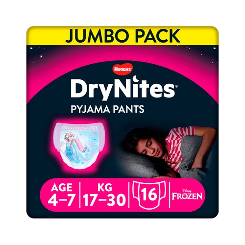 DRYNITES Pañales de noche talla 7 (braguitas absorbentes), para niñas de 17 a 30 kilogramos y de 4 a 7 años DRYNITES Pijama pants 16 uds.