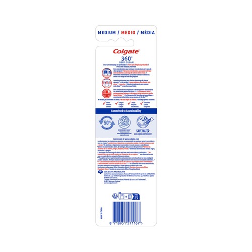 COLGATE 360º Cepillo de dientes medio, con 4 zonas de acción que ayudan a eliminar las bacterias bucales 3 uds.