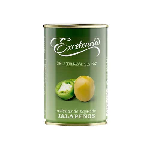 EXCELENCIA Aceitunas verdes manzanilla rellenas de jalapeño lata de 130 g.