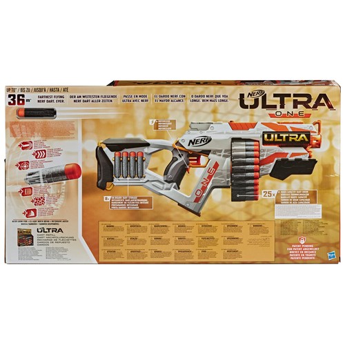 Lanzadardos automático NERF ULTRA ONE con alcance hasta 36 metros.