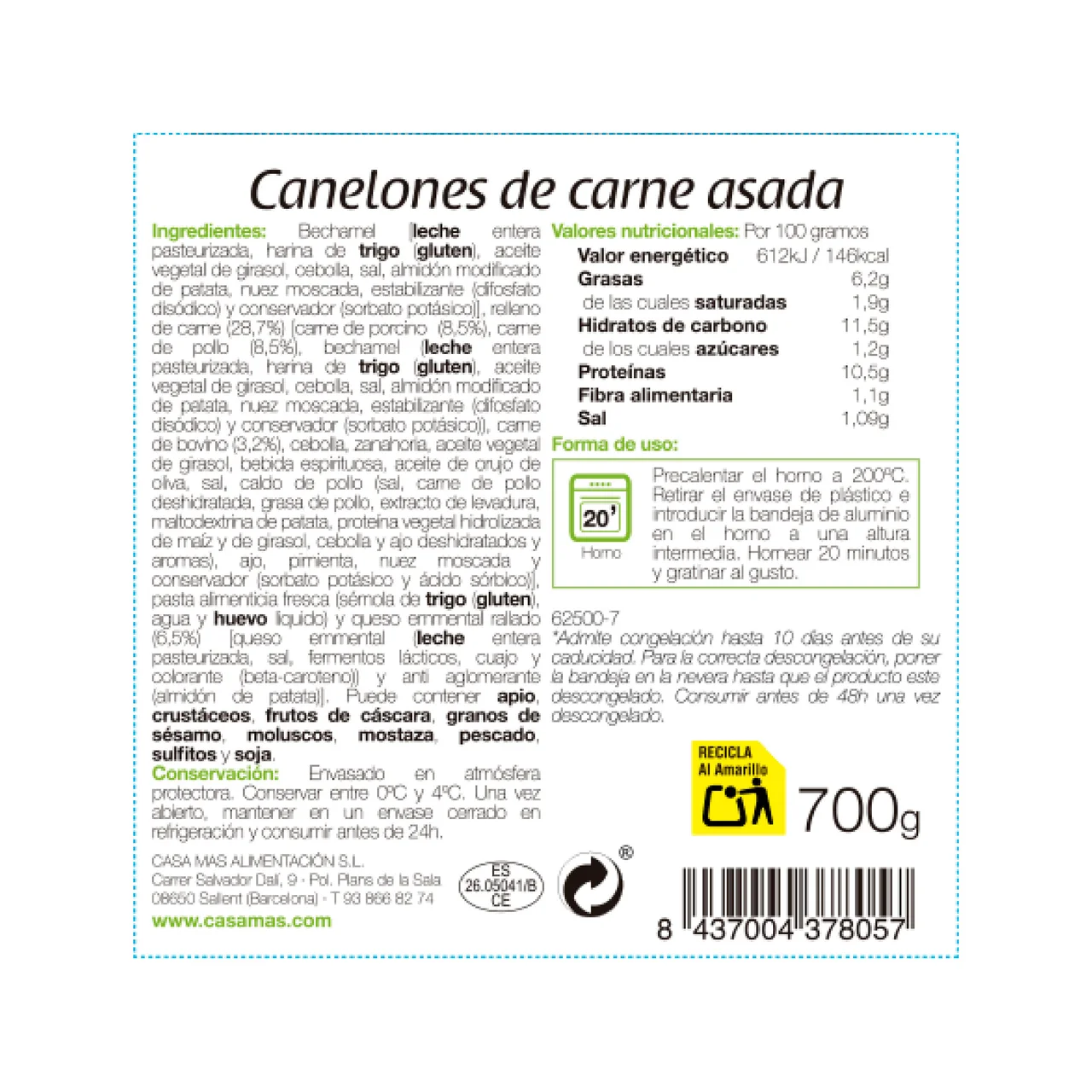 CASA MAS Canelones caseros de carne, listos para calentar y comer CASA MAS 700 g.