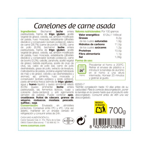 CASA MAS Canelones caseros de carne, listos para calentar y comer CASA MAS 700 g.