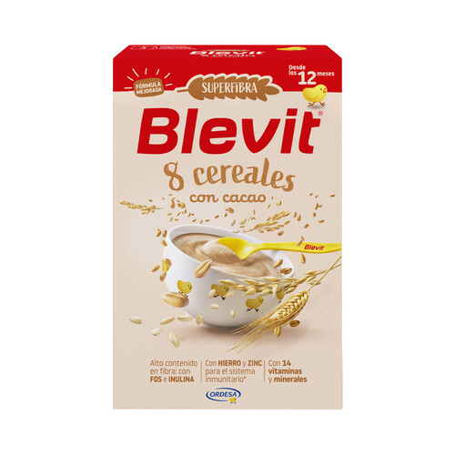 BLEVIT Superfibra Papilla de 8 cereales con cacao, a partir de 12 meses 500 g.