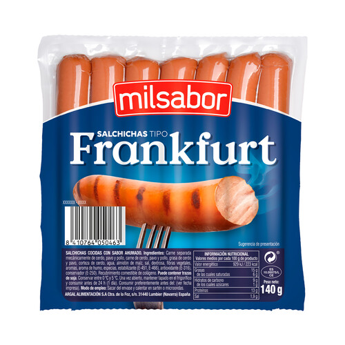 MILSABOR Salchichas cocidas de cerdo con sabor ahumado, tipo Frankfurt 140 g.