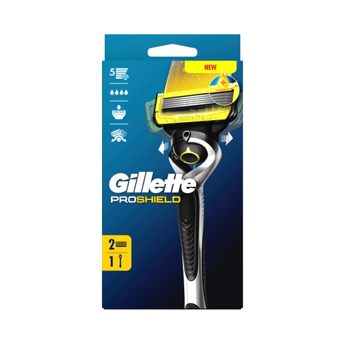 GILLETTE Pro shield Maquinilla de afeitar con cabezal pivotante de cinco hojas + 2 recambios.