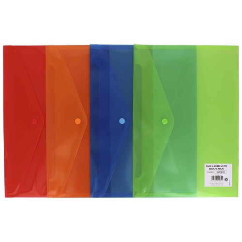 4 sobres de polipropileno de varios colores translucidos, tamaño folio y cierre de broche GRAFOPLAS.