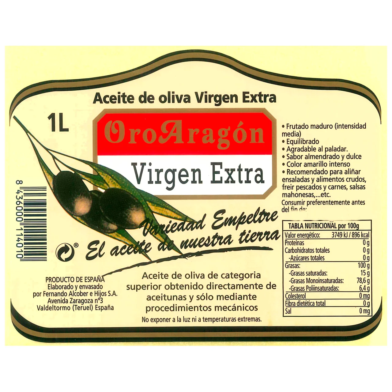 ORO ARAGÓN  Aceite de oliva virgen extra botella 1 l.