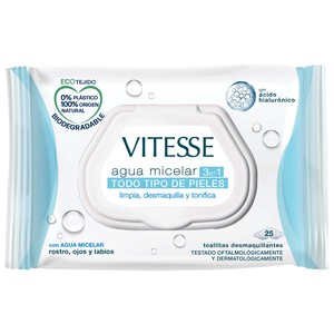 Imagen de VITESSE Toallitas desmaquillantes 3 en 1, con agua micelar, para todo tipo de pieles VITESSE 25 uds.
