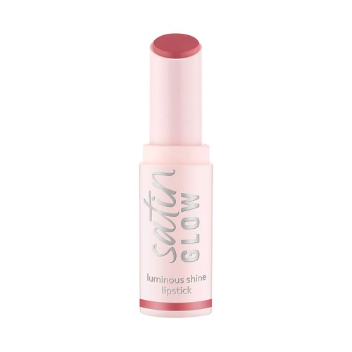 ESSENCE Satin glow tono 03 Rose and shine Barra de labios cremosa, acabado luminoso.