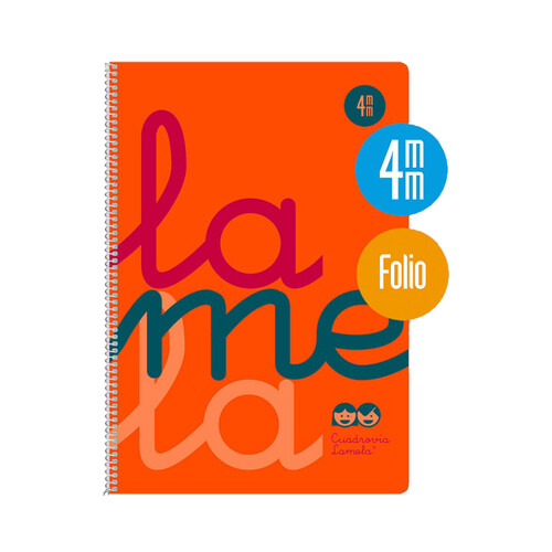 Cuaderno A5 de espiral con 80 hojas cuadrovía 4mm, 90gr. Cubierta plastificada color naranja. EDITORIAL LAMELA.