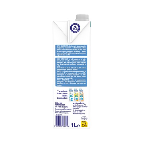 NATIVA Leche (2) de continuación líquida, de 6 a 12 meses NATIVA de Nestlé 1 l.