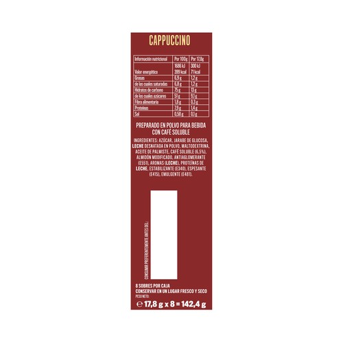 MARCILLA Café soluble cappuccino para tomar caliente o frío 8 x 17.8 g.