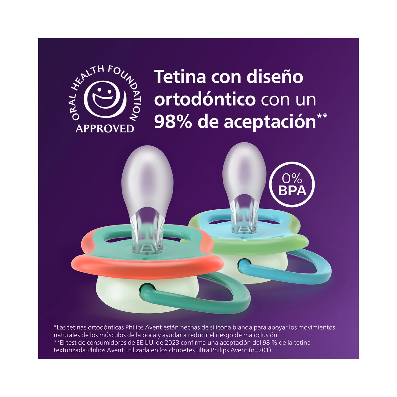 Ultra air nighttime de Philips Chupetes de 6 - 18 meses, con tetina con diseño ortodóntico y que brillan en la oscuridad 2 uds.