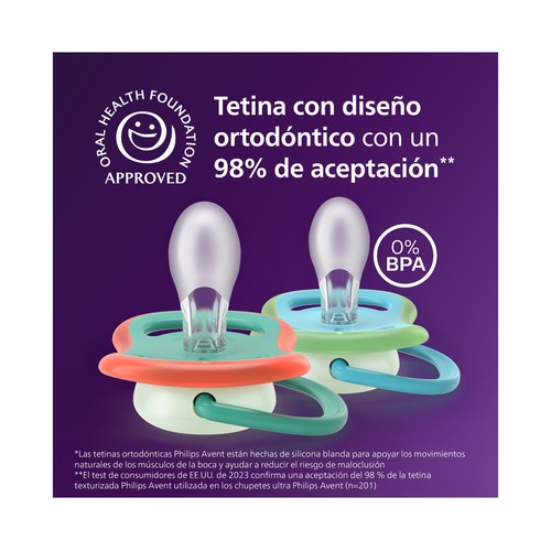 AVENT Ultra air nighttime de Philips Chupetes de 6 - 18 meses, con tetina con diseño ortodóntico y que brillan en la oscuridad 2 uds.