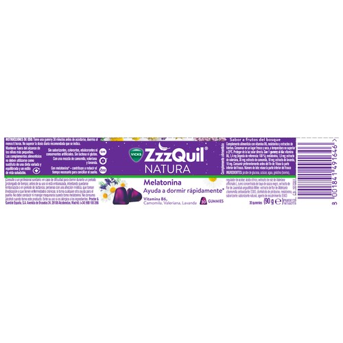 ZZZQUIL NATURA Comprimidos tipo gominola de Melatonia, Camomila, Valeriana, Lavanda y vitamina B6 30 uds.